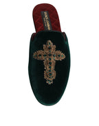 Green Velvet Cross Embellished Slippers Shoes