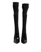 Black Leather Ribbed Knit Knee Boots Shoes