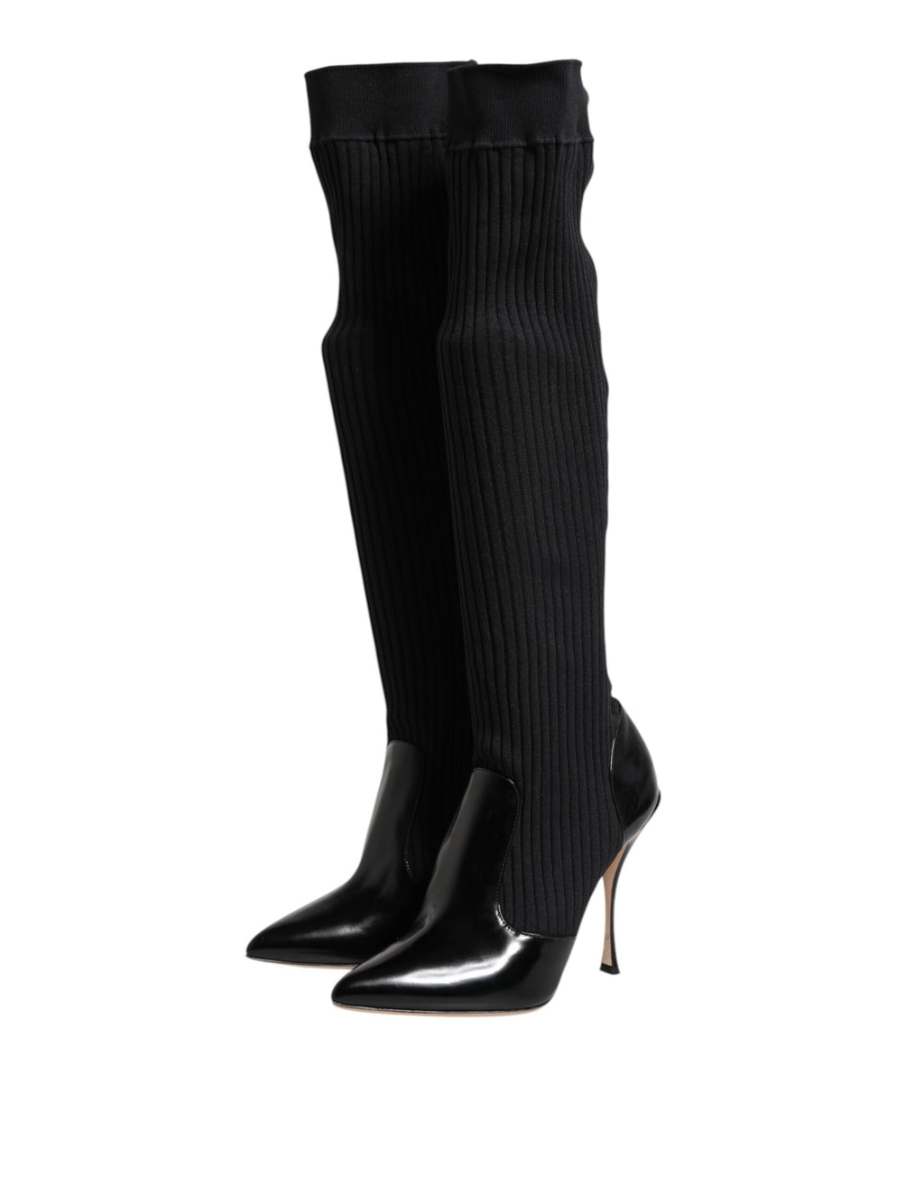 Black Leather Ribbed Knit Knee Boots Shoes