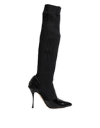 Black Leather Ribbed Knit Knee Boots Shoes