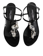 Black Leather Crystal Ankle Strap Sandals Shoes