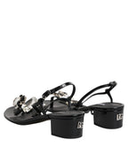 Black Leather Crystal Ankle Strap Sandals Shoes