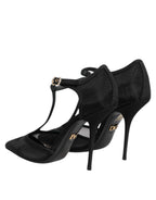 Black Mesh T-strap Stiletto High Heels Shoes