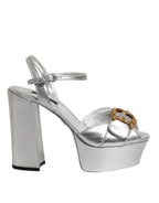 Silver Logo Ankle Strap Heels Sandals Shoes