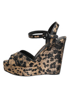Brown Leopard Wedges Ankle Strap Sandals Shoes