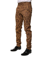 Brown Floral Jacquard Men Skinny Trouser Pants