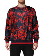Navy Red Silk Coral Print Pullover Sweater