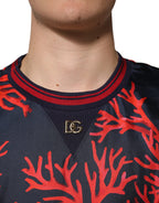 Navy Red Silk Coral Print Pullover Sweater