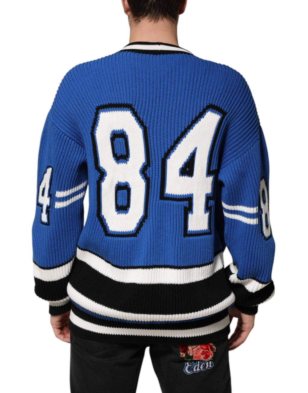 Blue Cotton Logo Patch Ribbed Knit Cardigan Sweater
