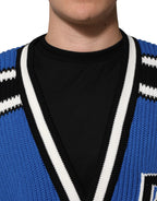 Blue Cotton Logo Patch Ribbed Knit Cardigan Sweater