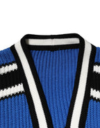 Blue Cotton Logo Patch Ribbed Knit Cardigan Sweater