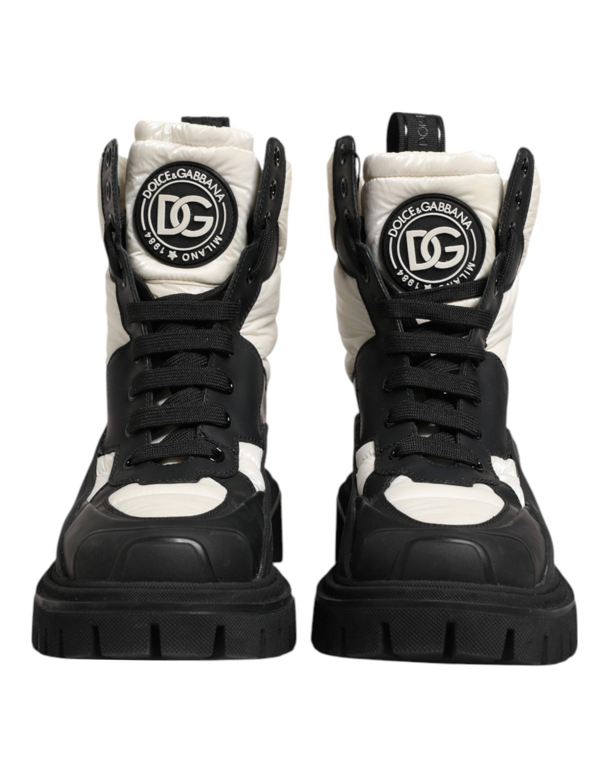 Black White Padded Mid Calf Lace Up Boots Shoes