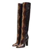 Brown Python Snakeskin Print Riding Boots Shoes