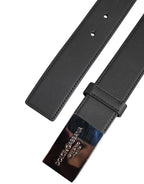 Black Leather Classic Metal Logo Buckle Belt