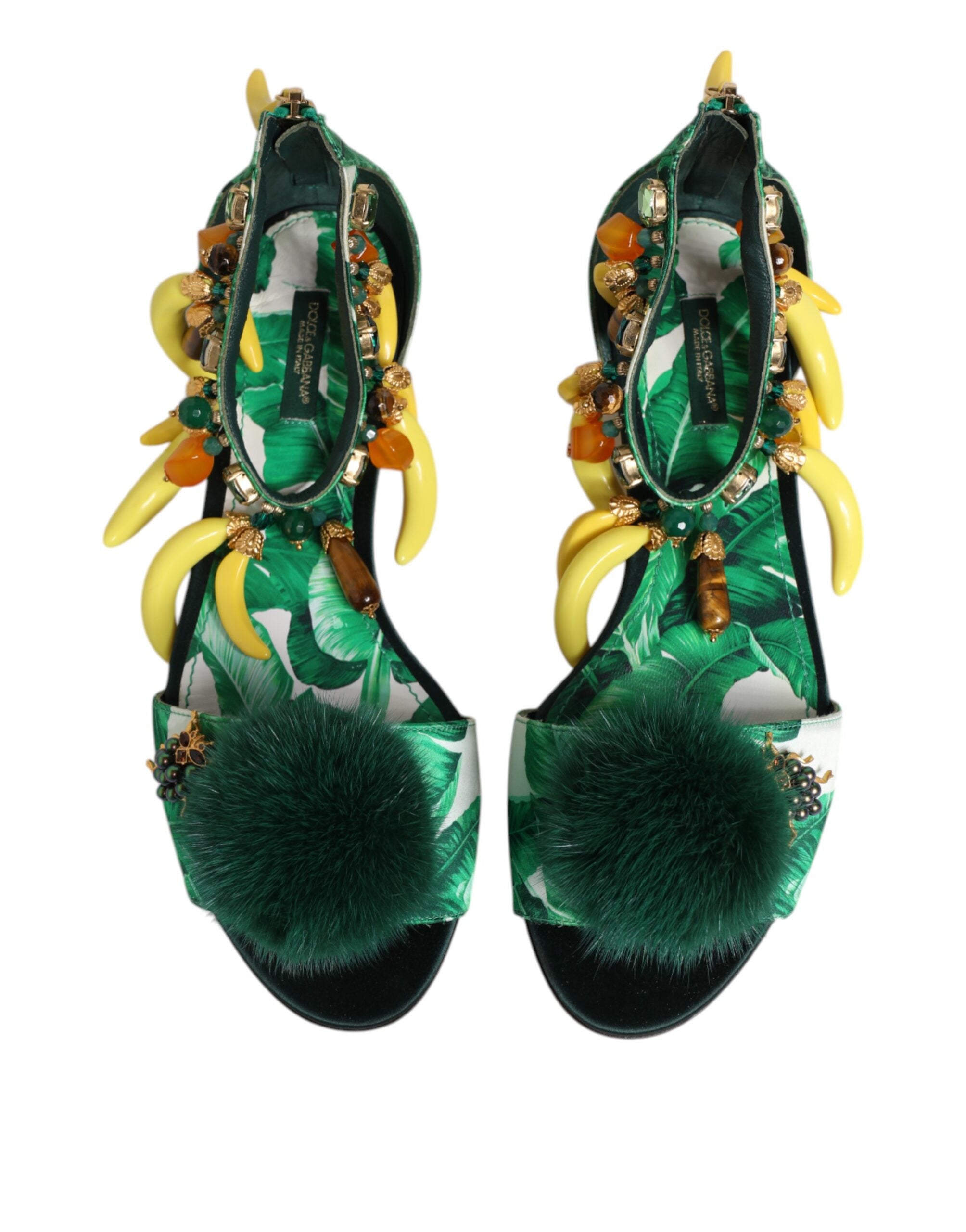 Green Mink Fur Satin Banana Leaf Sandals Shoes