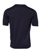 Dark Blue Silk Crew Neck Short Sleeves T-shirt