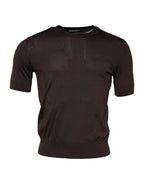 Brown Silk Crew Neck Short Sleeves T-shirt