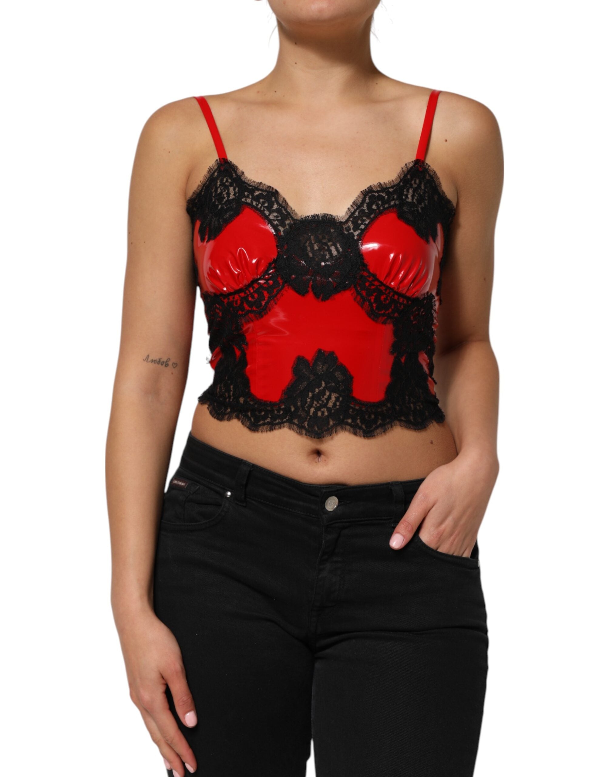 Red Black Lace Trim Polyester Sleeveless Tank Top