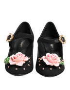 Black Flower Crystal Embellished Mary Jane Shoes