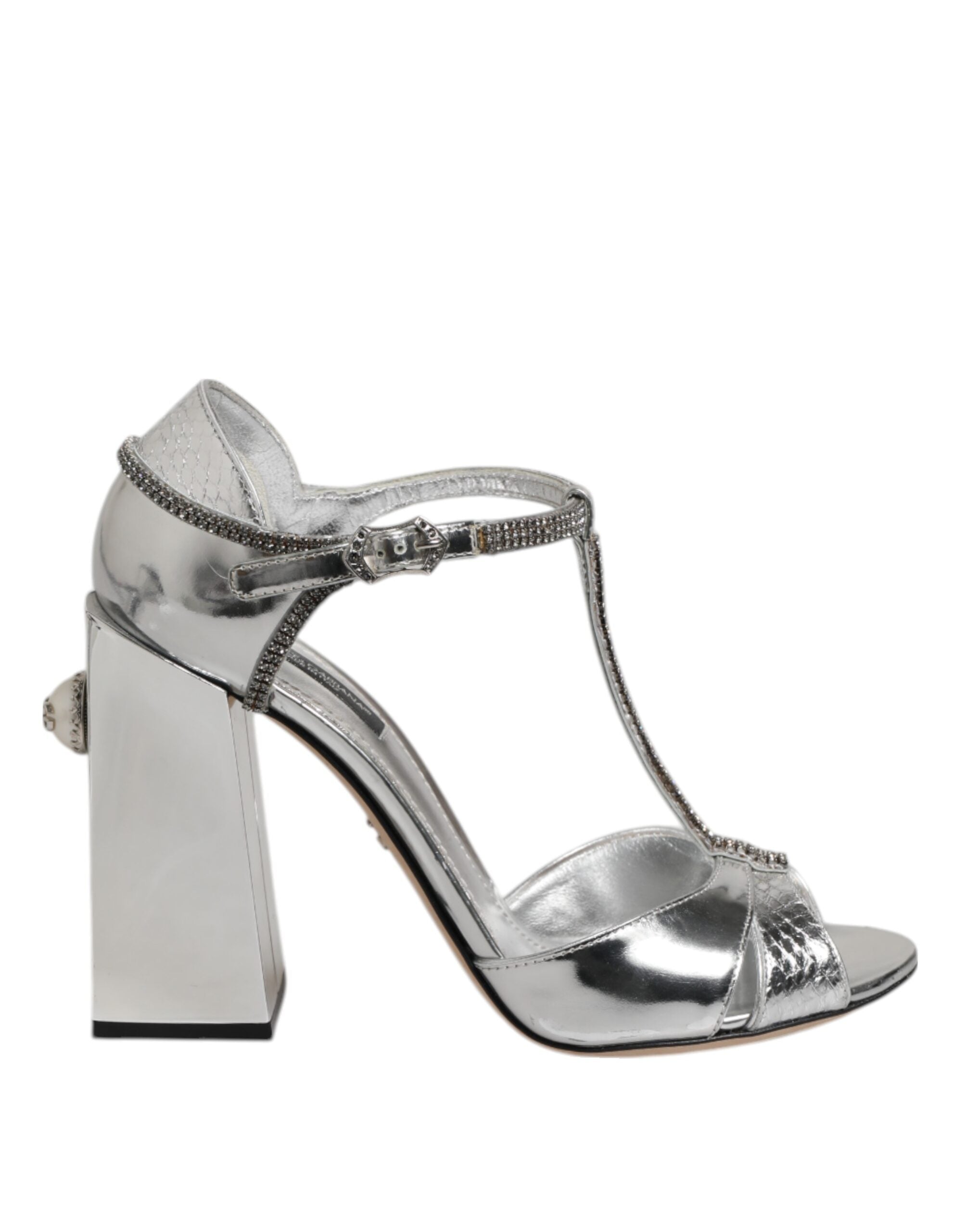 Silver Leather T-strap Heels Sandals Shoes