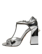 Silver Leather T-strap Heels Sandals Shoes