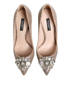 Beige Leather Crystal Embellished Pumps Shoes