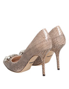 Beige Leather Crystal Embellished Pumps Shoes