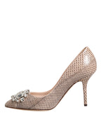 Beige Leather Crystal Embellished Pumps Shoes