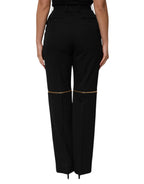 Black Zip Detailed Wool Straight Leg Pants