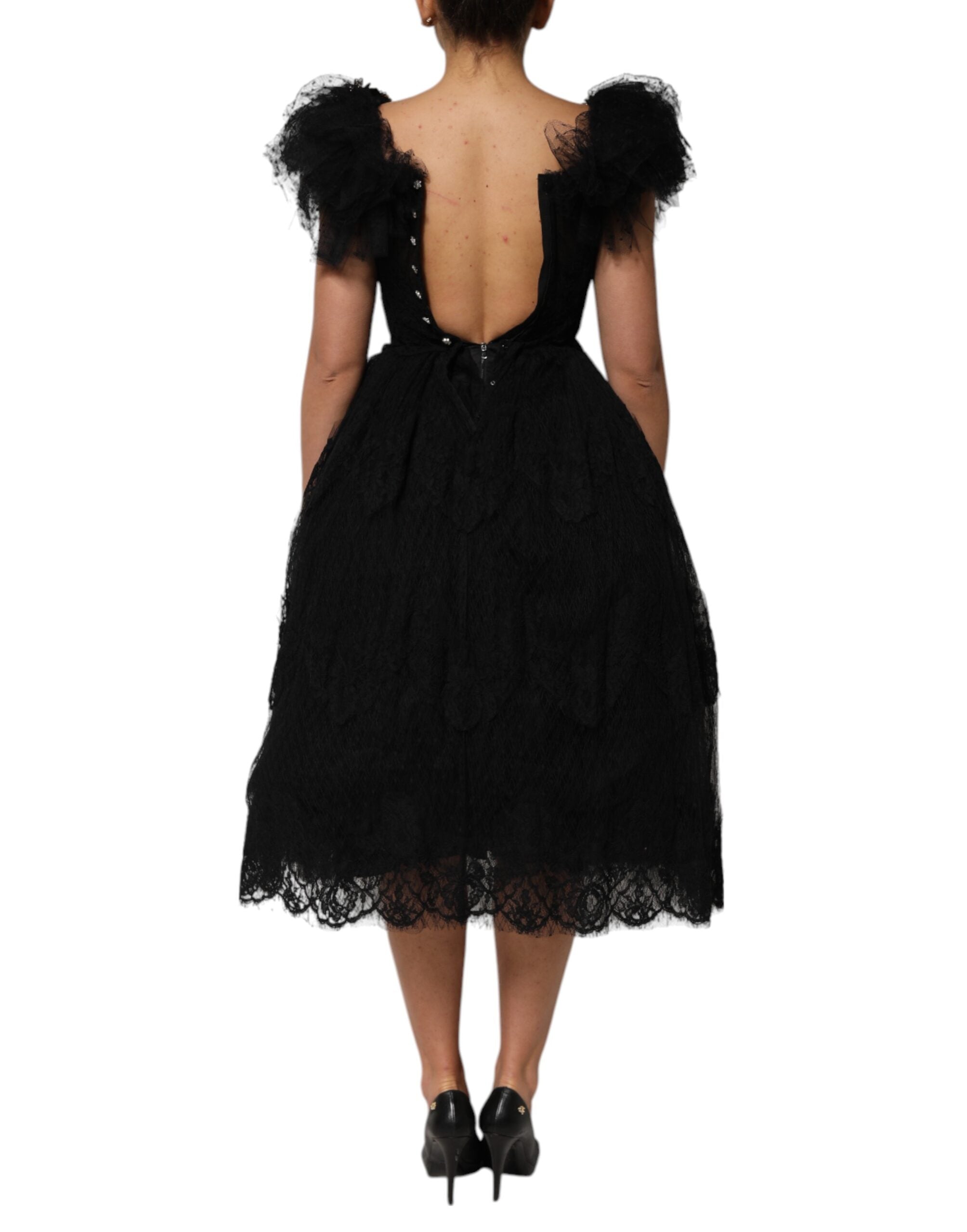 Black Crystal Embellished Midi A-line Dress