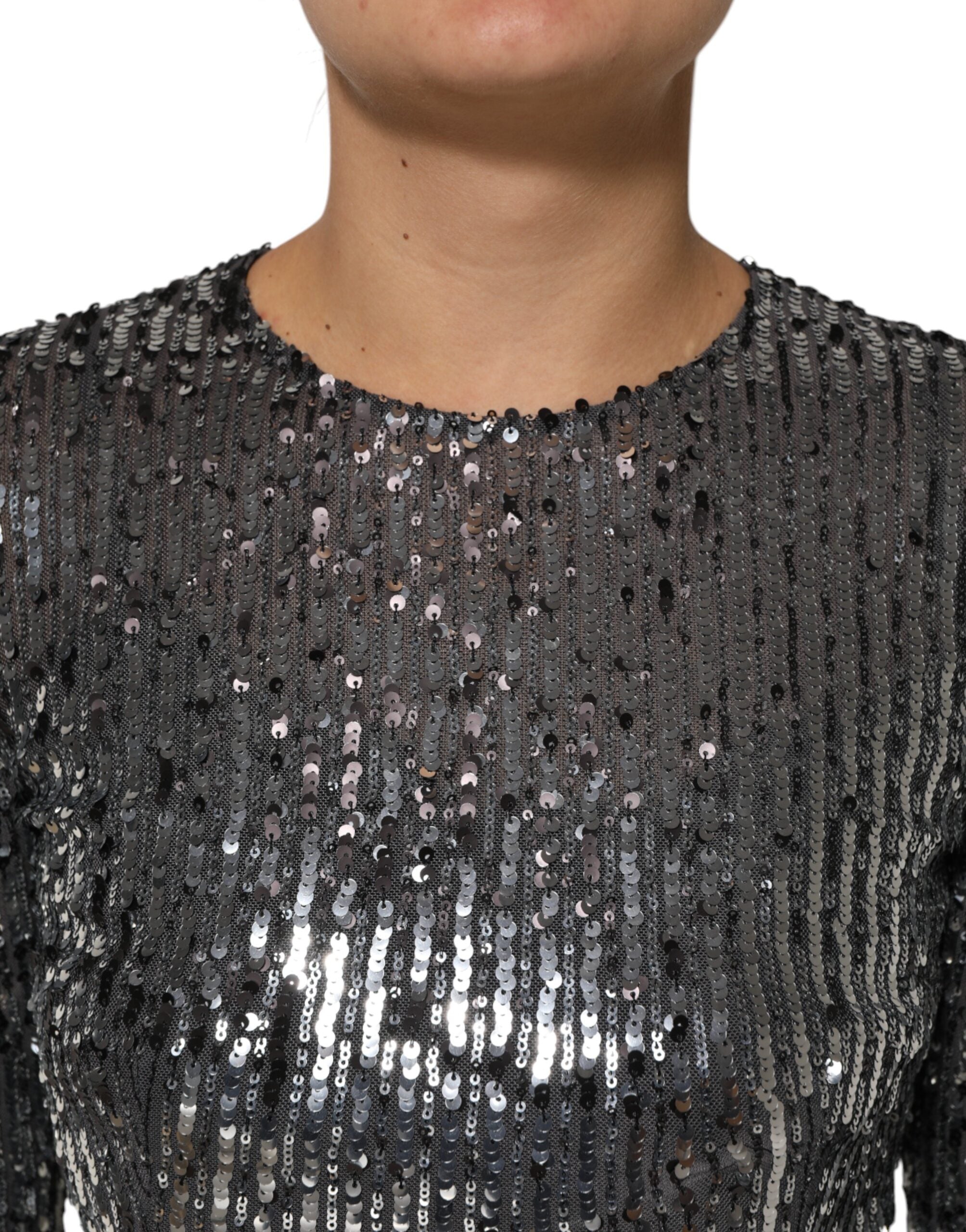 Black Sequined Long Sleeves Midi A-line  Dress