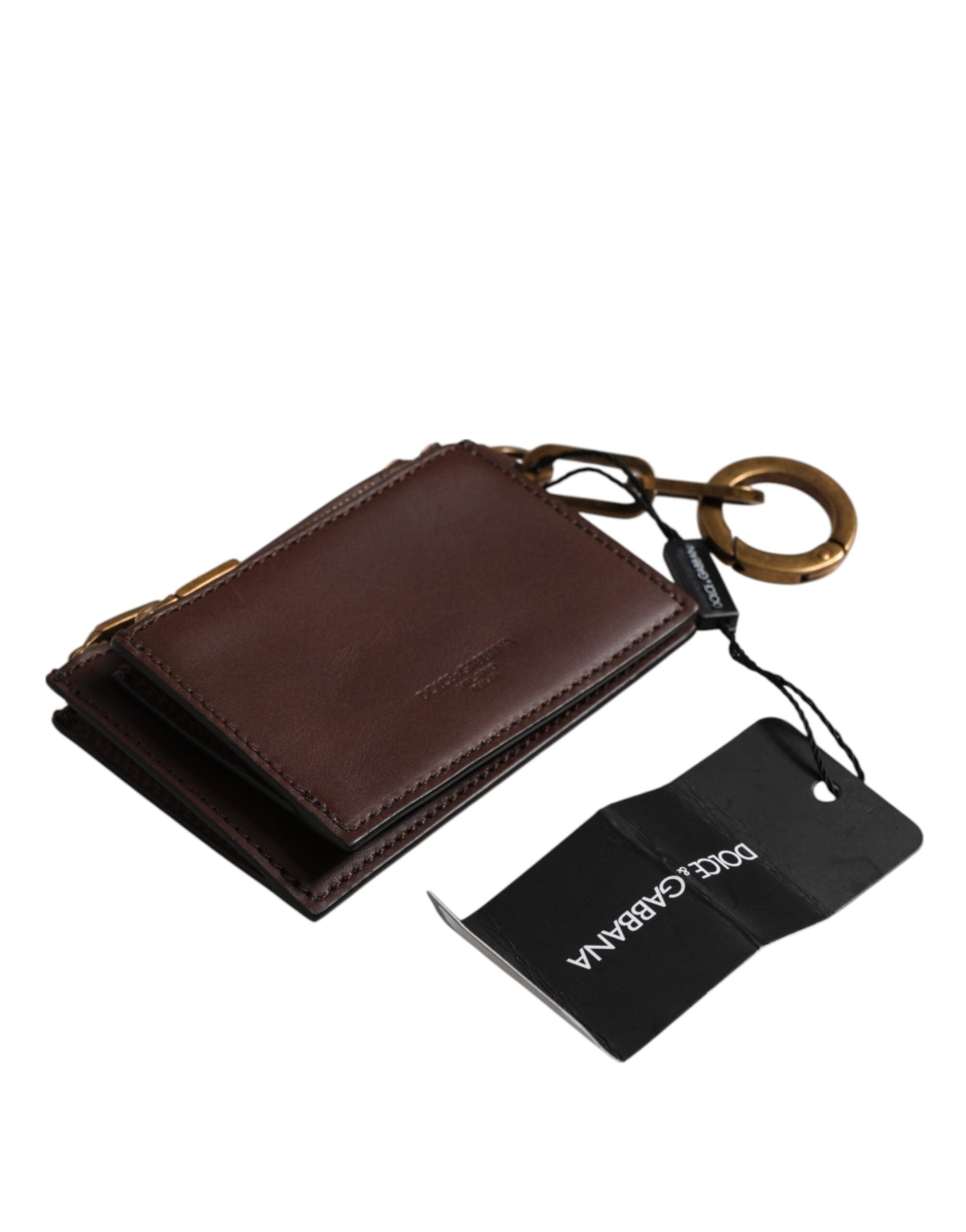 Brown Calf Leather Zip Logo Keyring Coin Purse Men Wallet