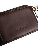 Brown Calf Leather Zip Logo Keyring Coin Purse Men Wallet
