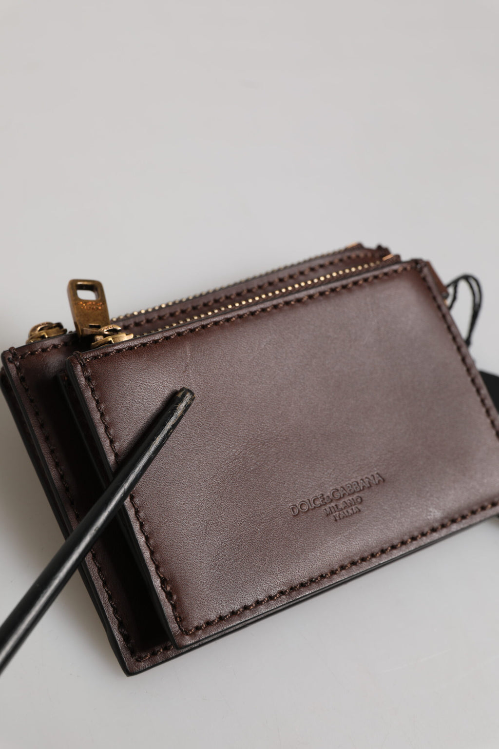 Brown Calf Leather Zip Logo Keyring Coin Purse Men Wallet