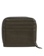 Brown Leather Logo Plaque Card Holder Coin Purse Wallet