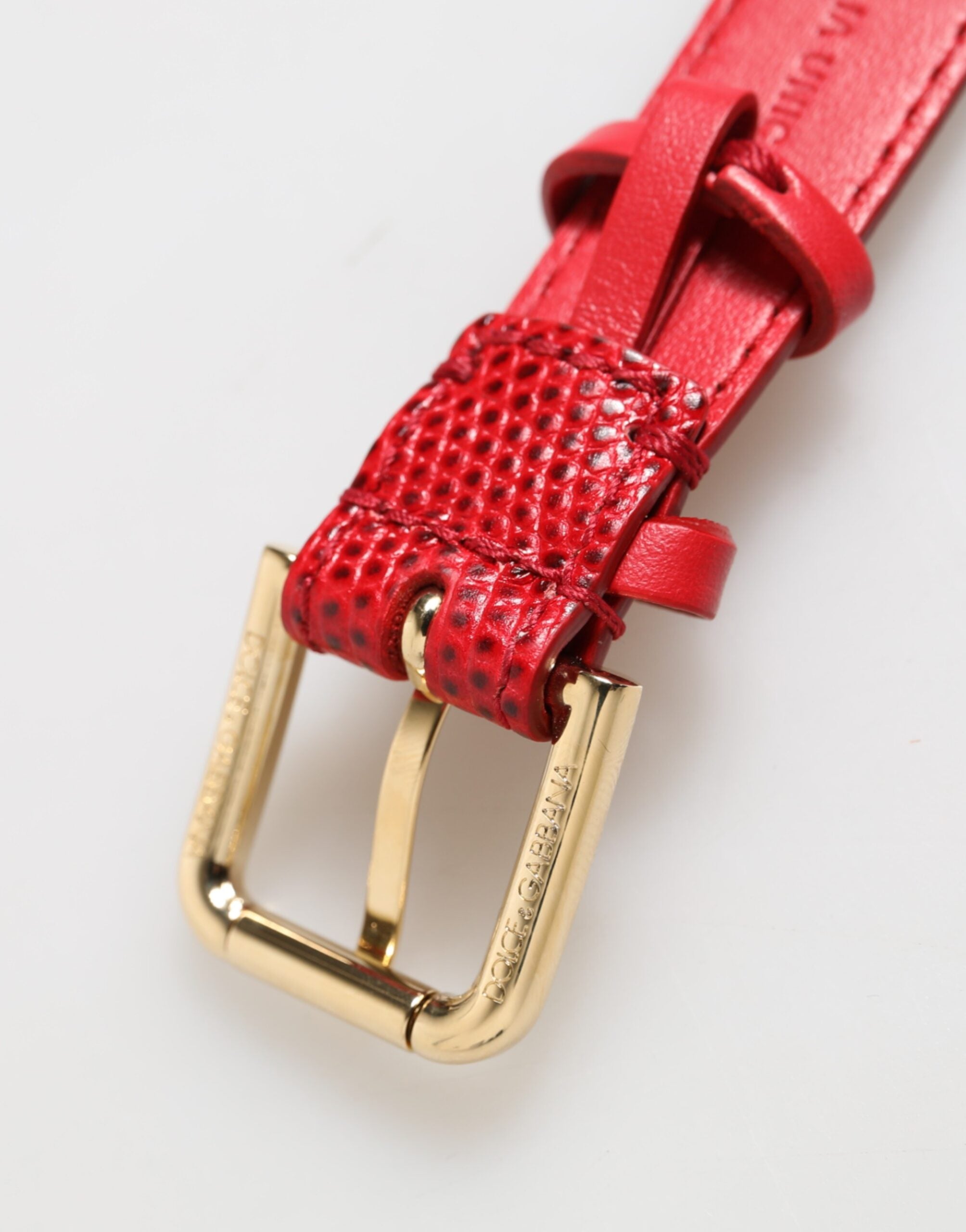 Red Exotic Leather Gold Tone Metal Buckle Women Armband