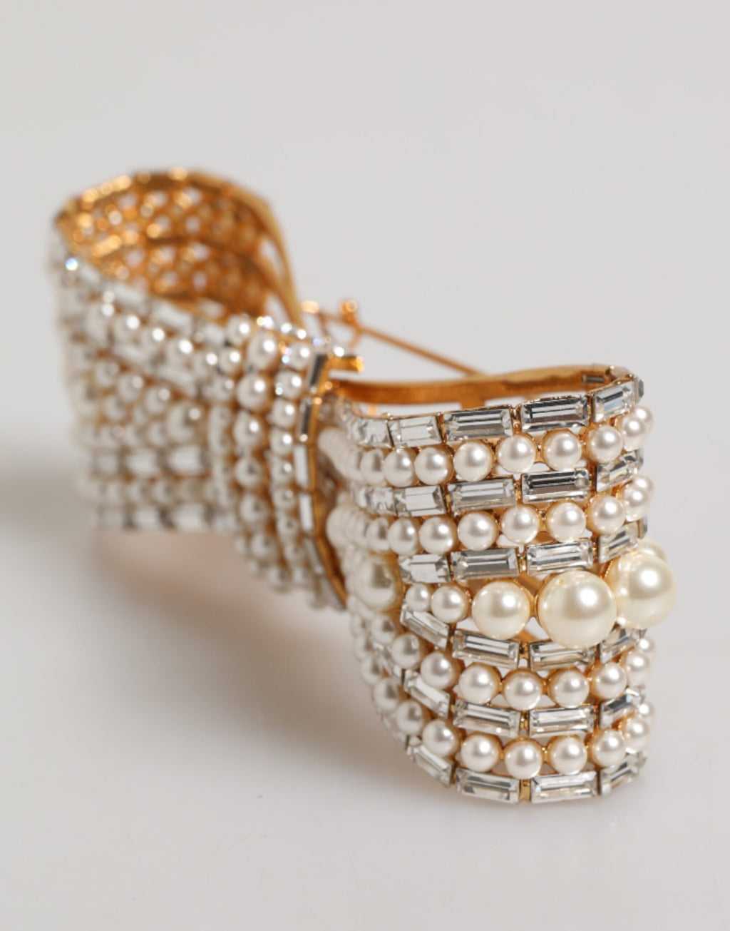 Gold Tone Brass Bow Crystal Faux Pearl Embellished Brooch