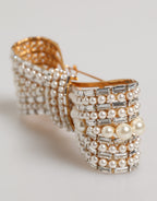 Gold Tone Brass Bow Crystal Faux Pearl Embellished Brooch