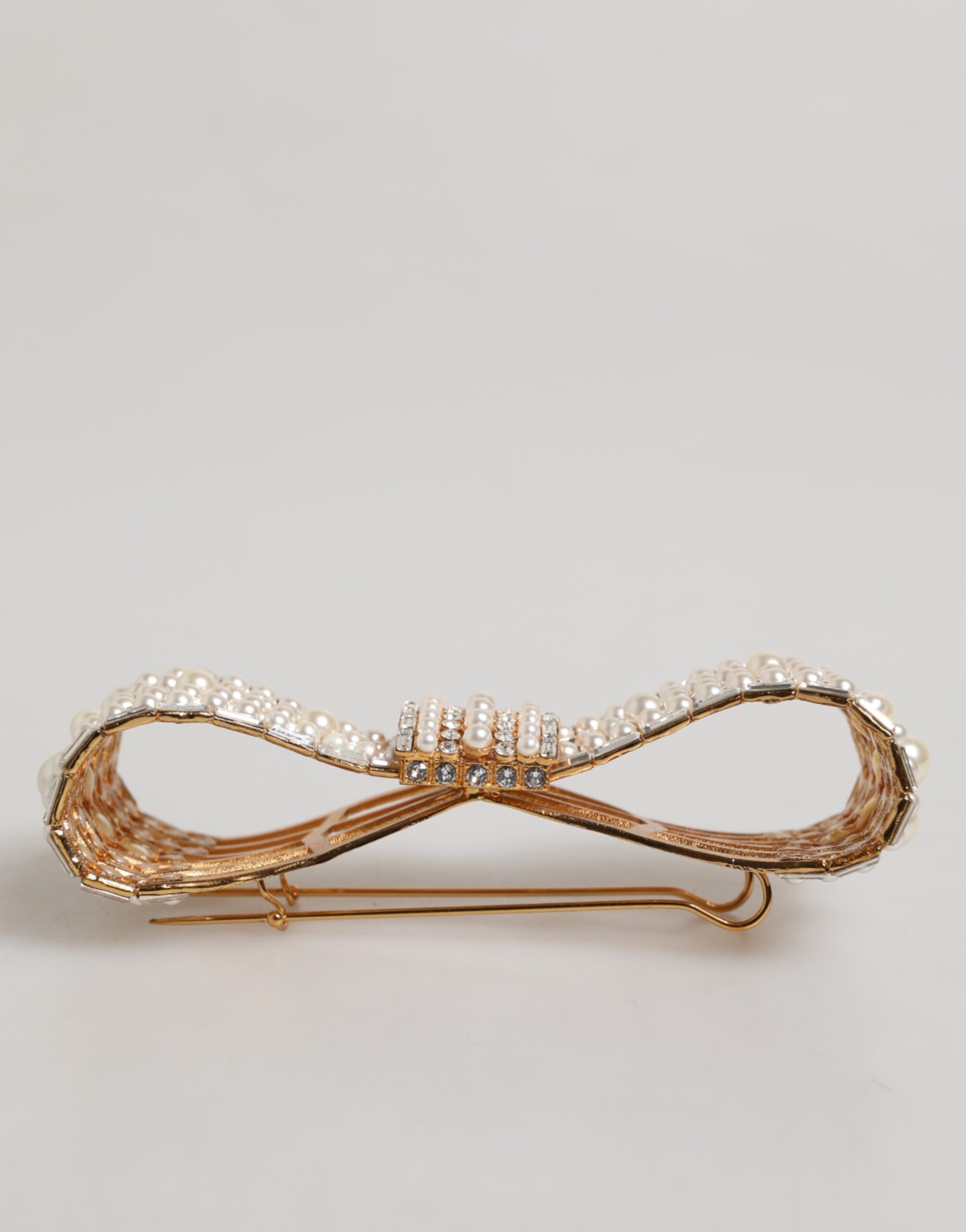 Gold Tone Brass Bow Crystal Faux Pearl Embellished Brooch