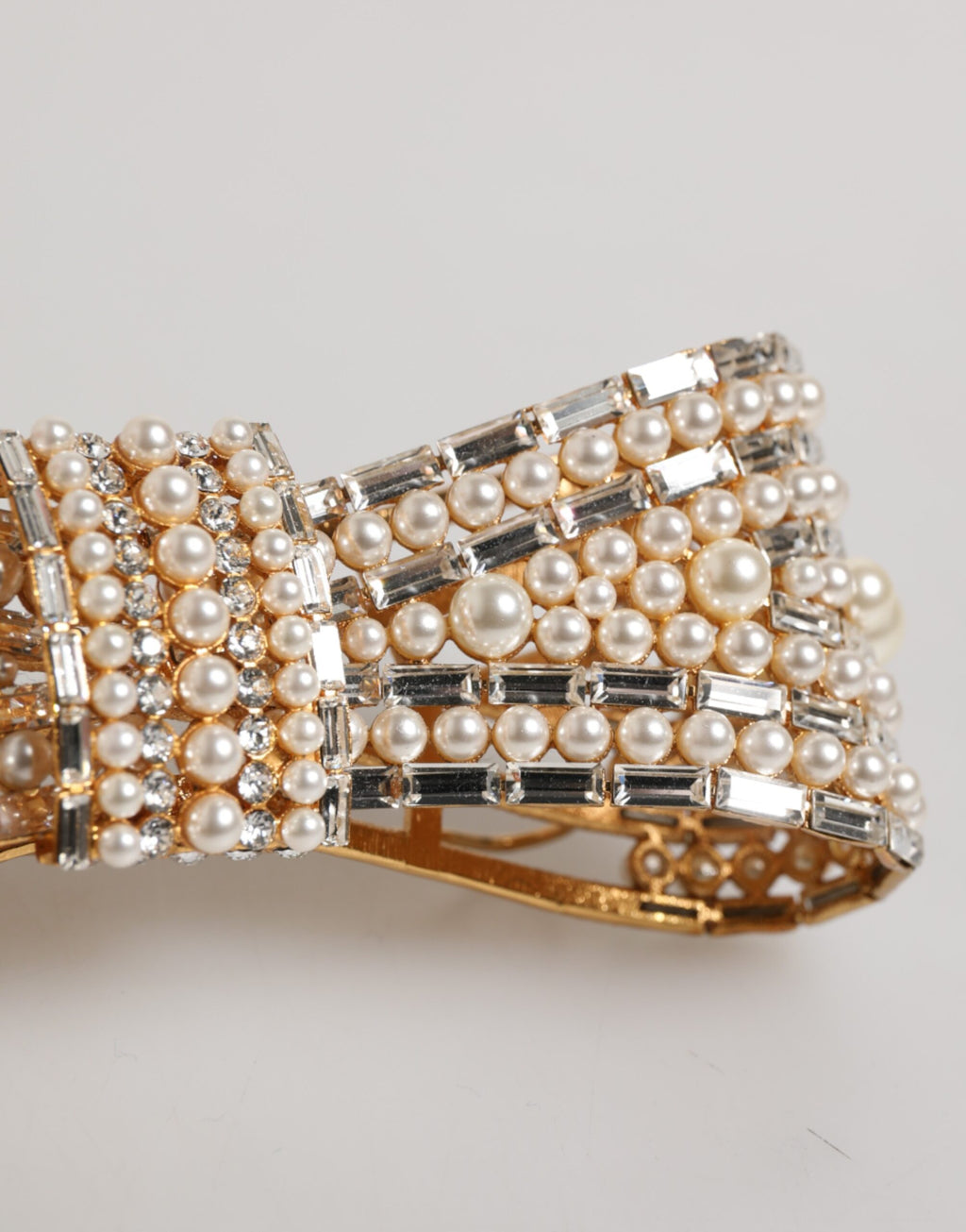 Gold Tone Brass Bow Crystal Faux Pearl Embellished Brooch