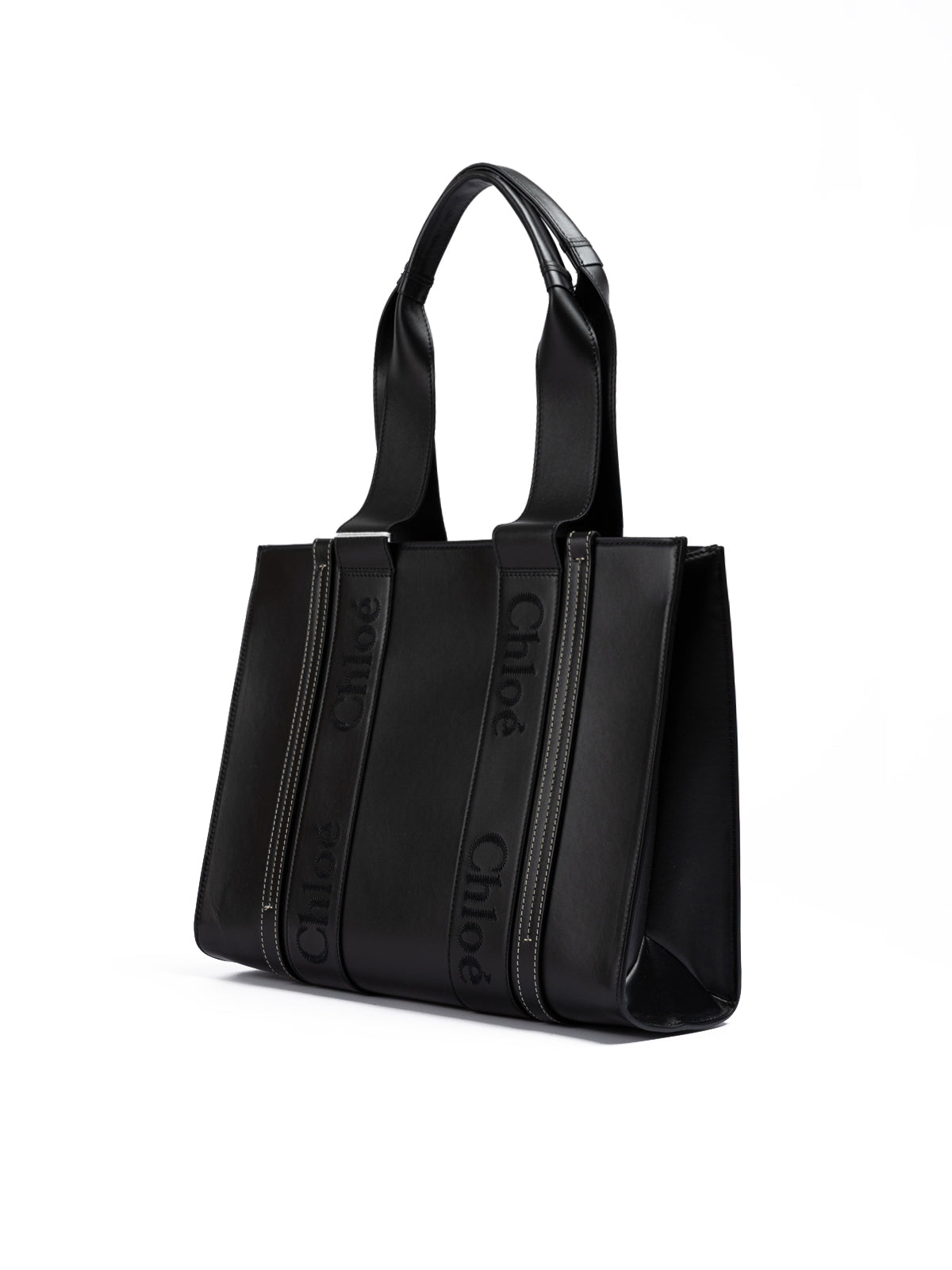 Black Woody Embroidered Logo Leather Medium Tote Bag
