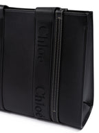 Black Woody Embroidered Logo Leather Medium Tote Bag