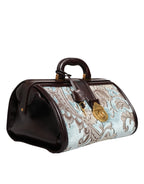 Blue Brown Leather Floral Jacquard Travel Handbag Bag