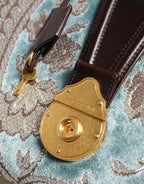 Blue Brown Leather Floral Jacquard Travel Handbag Bag