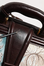 Blue Brown Leather Floral Jacquard Travel Handbag Bag