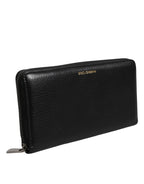 Black Calfskin Leather Logo Zip Around Continental Wallet