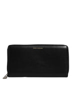 Black Calfskin Leather Logo Zip Around Continental Wallet