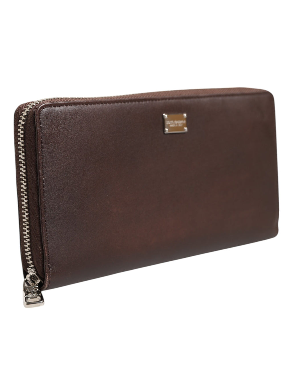 Brown Calfskin Leather Logo Zip Around Continental Wallet