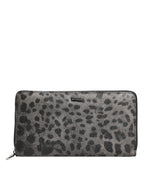 Black Gray Leopard Leather Zip Around Continental Wallet