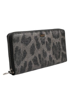 Black Gray Leopard Leather Zip Around Continental Wallet